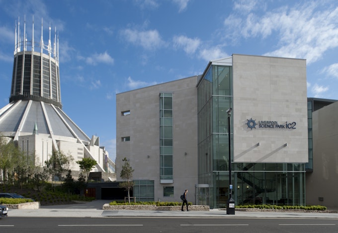Photo of the lovely Liverpool Science Park next to the Catholic Cathedral, on a perfect sunny day.