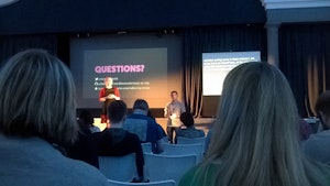 Sarah Semark answering questions at WordCamp London.