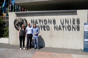Mim, Chris and Dave outside the UN HQ in Geneva