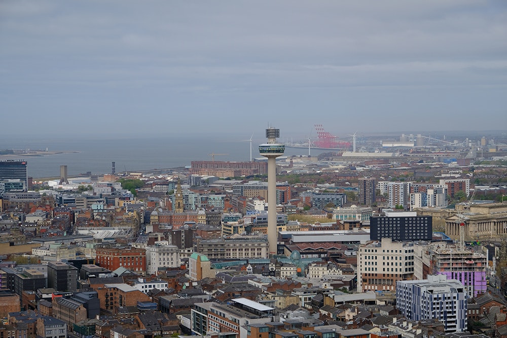 The view from the top of Liverpool Anglican cathedral, looking towards the Mersey estuary.