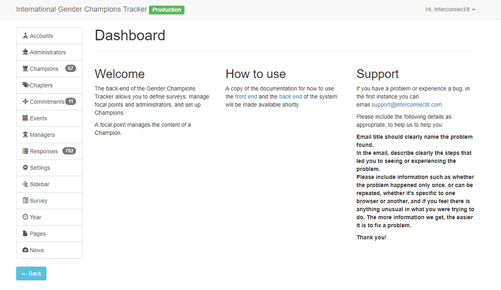 Software development - the Admin view of the Tracker.