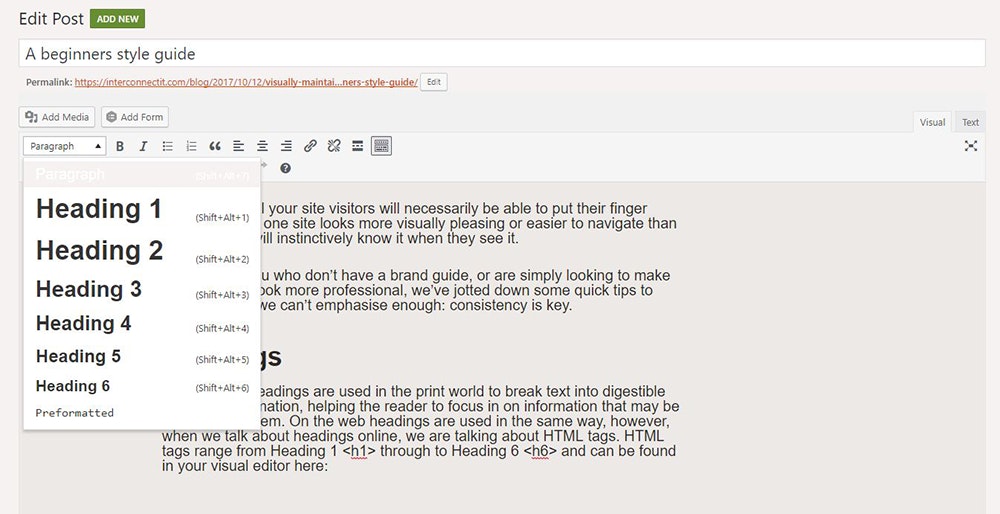 Where headings are located in WordPress