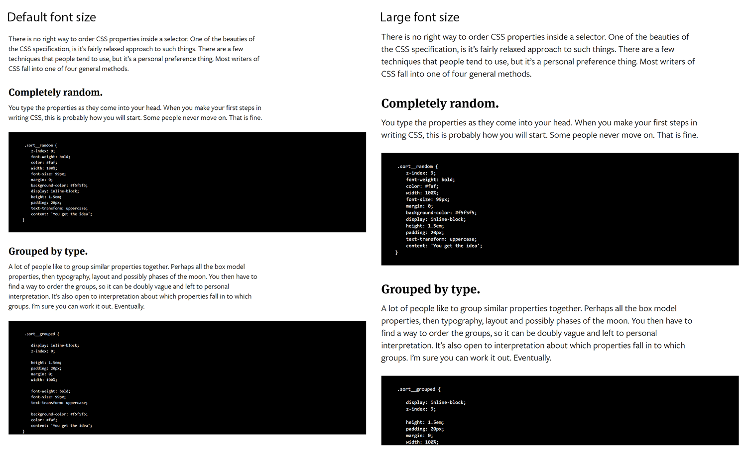 The difference between the default and large font settings in Chrome